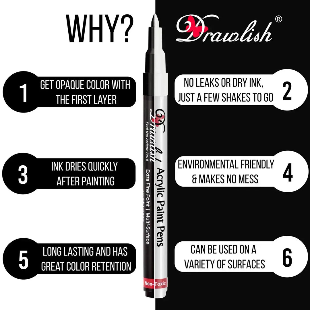 Drawlish 2 Black Paint Pens & 2 White Marker Pens - Set of 4 Acrylic Pens - Paint Pens, paint pens kids, white glass pen
