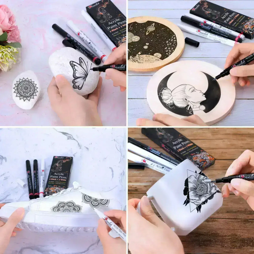 Drawlish 2 Black Paint Pens & 2 White Marker Pens - Set of 4 Acrylic Pens - Paint Pens, paint pens kids, white glass pen