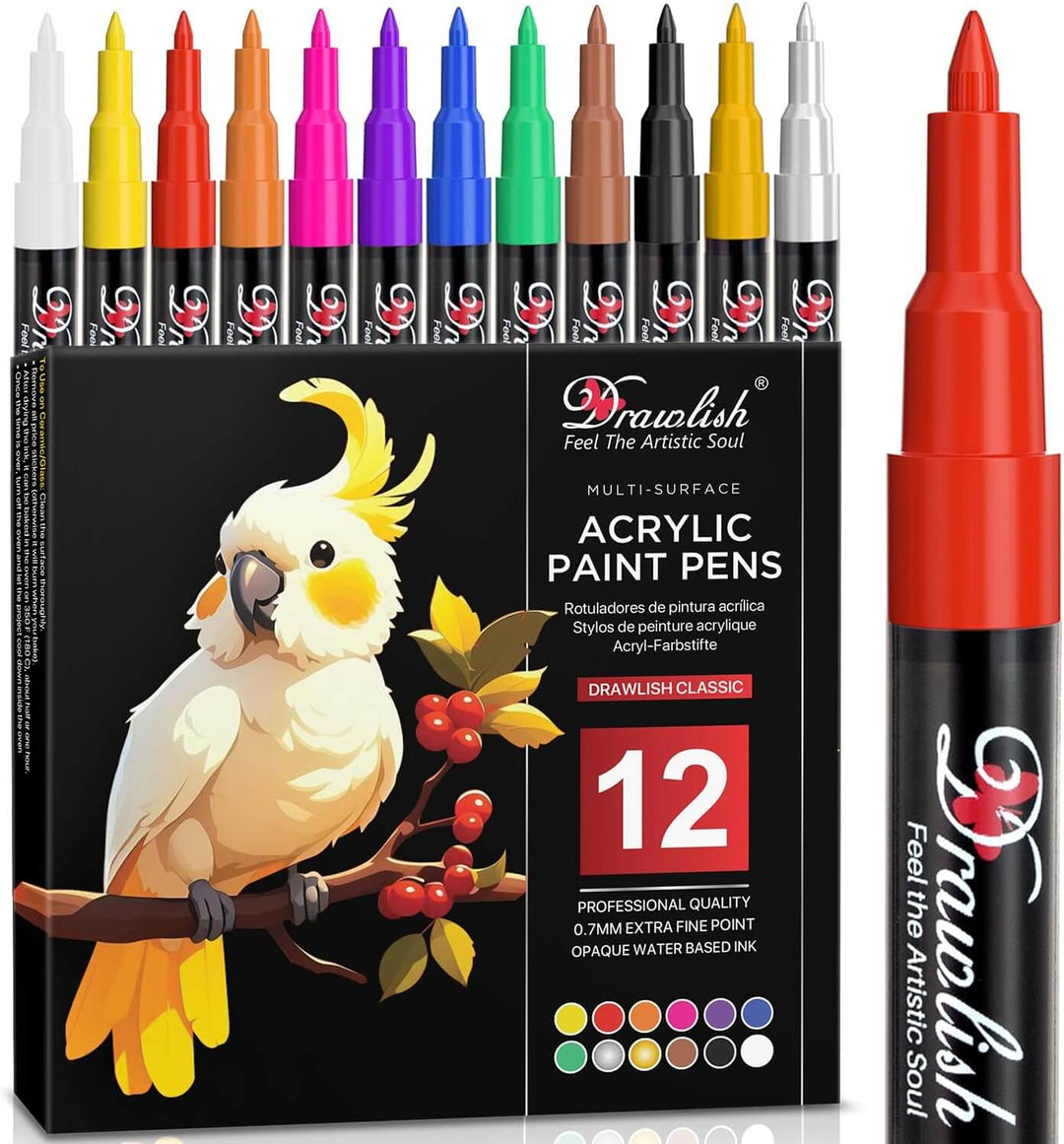 Extra Fine Tip Acrylic Painter Pens Set of 12 Paint Markers - Paint Pens, paint pens kids, acrylic paint pen