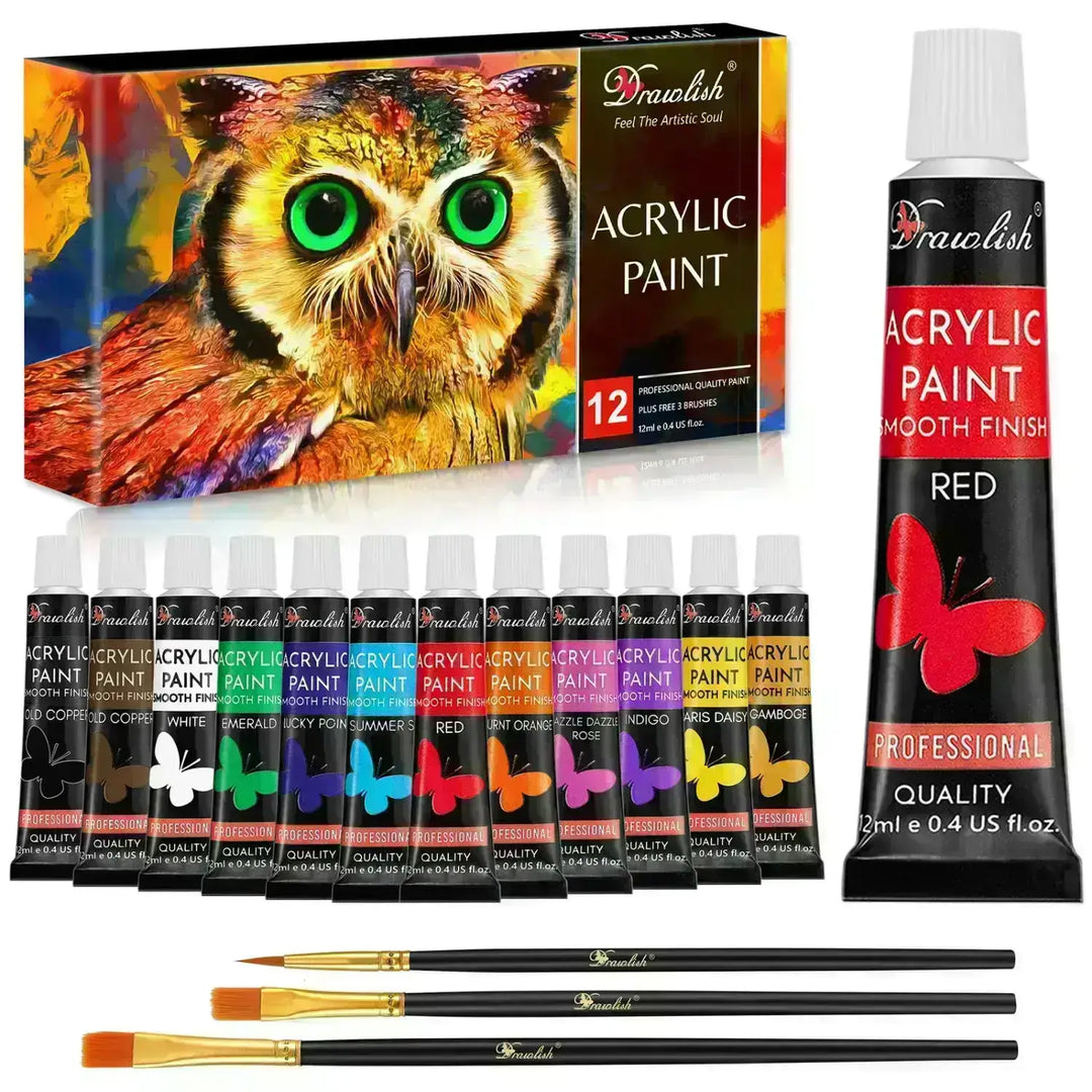 Famous Artist Acrylic Paint Set 12 Tubes + 3 Brushes - acrylic painters, acrylic painting sets, Acrylic paint
