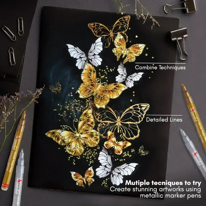 2 Gold Paint Markers & 2 Silver Paint Pens - Set of 4 Acrylic Pens - metallic gold paint pen, painters marker, opaque markers