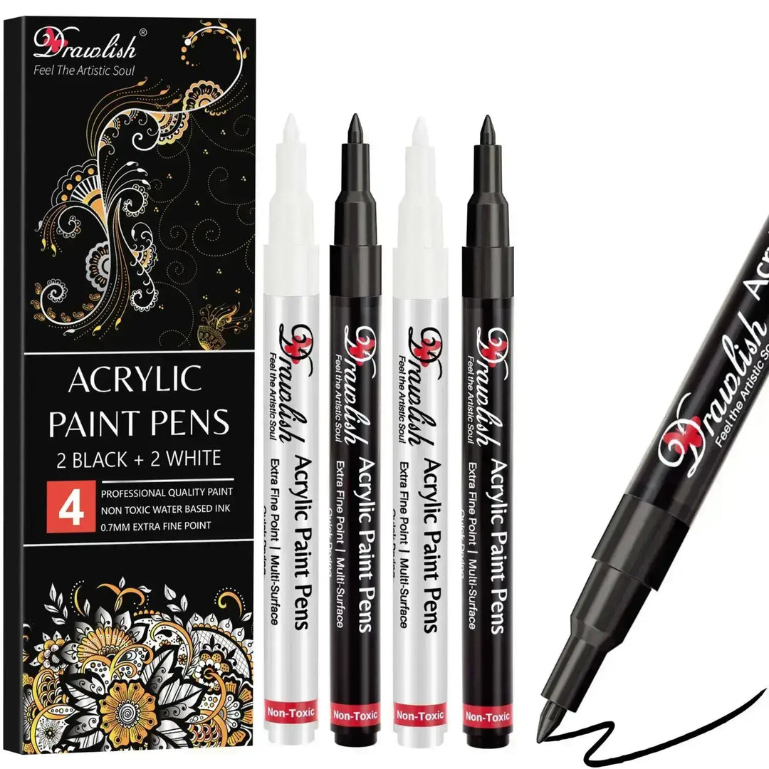 Drawlish 2 Black Paint Pens & 2 White Marker Pens - Set of 4 Acrylic Pens - Paint Pens, paint pens kids, white glass pen