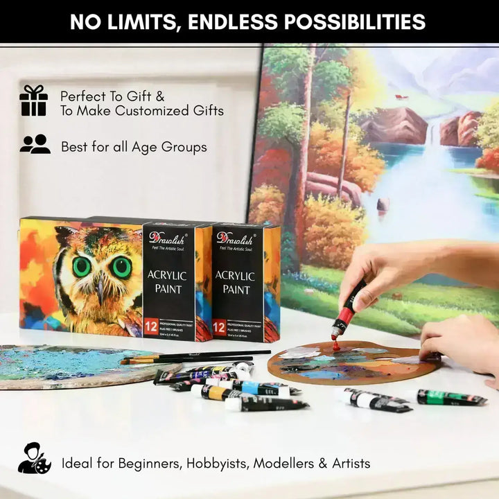 Famous Artist Acrylic Paint Set 12 Tubes + 3 Brushes - acrylic painters, acrylic painting sets, Acrylic paint