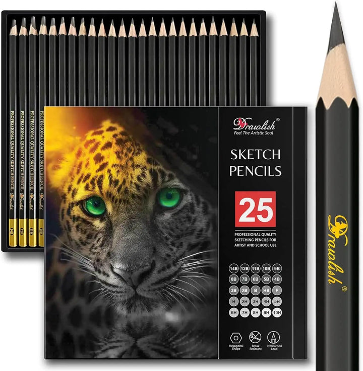 Drawing Pencils for Artists - 25 Grades (14B to 10H) Sketching Pencils Set - sketch pencil, artist pencil, graphite pencils