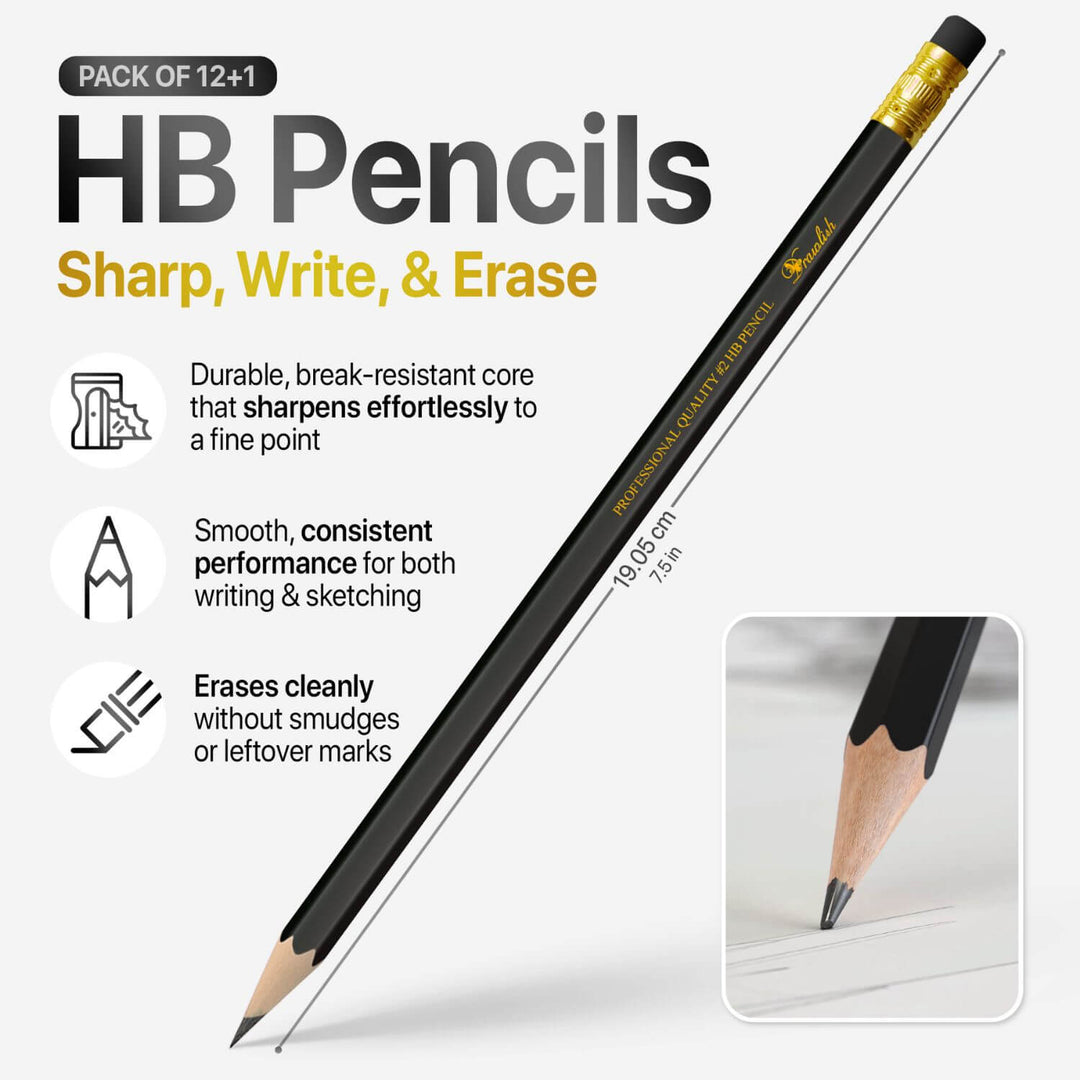 HB Pencils with Erasers - 12+1 Pack of Pre-Sharpened Sketching Pencils - sketch pencil, artist pencil, graphite pencils