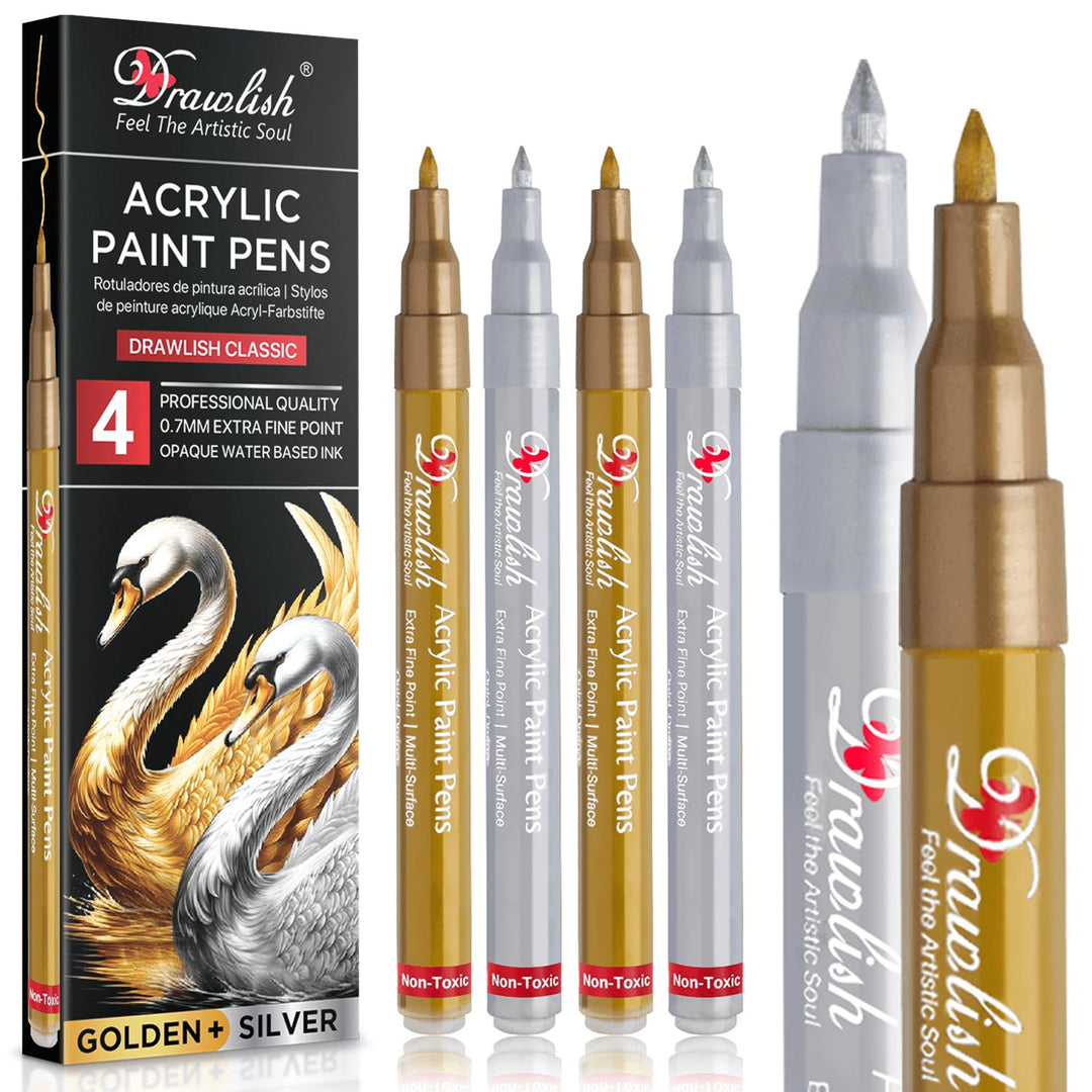 2 Gold Paint Markers & 2 Silver Paint Pens - Set of 4 Acrylic Pens - metallic gold paint pen, painters marker, opaque markers