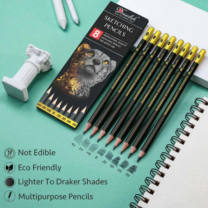 Drawing Pencils for Artists Set of 8 - B, 2B, 4B, 6B, 8B, HB, 2H, 4H - sketch pencil, artist pencil, graphite pencils