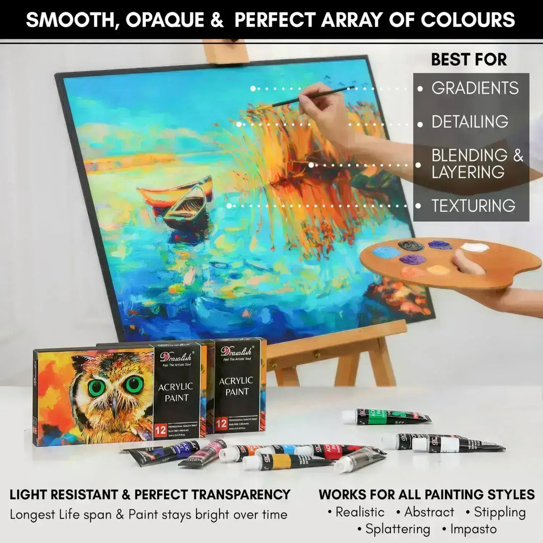 Famous Artist Acrylic Paint Set 12 Tubes + 3 Brushes - acrylic painters, acrylic painting sets, Acrylic paint