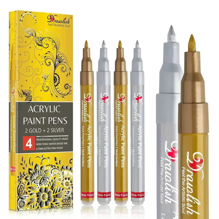 Drawlish 2 Gold Paint Markers & 2 Silver Paint Pens - Set of 4 Acrylic Pens