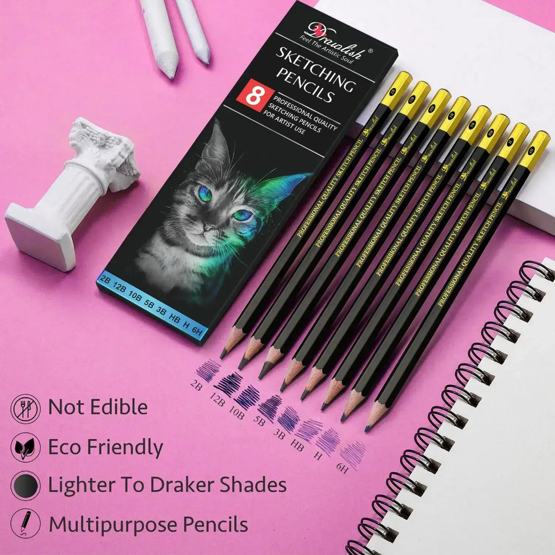 Sketch Pencils For Drawing Set of 8 - 2B 12B 10B 5B 3B HB H 6H Arts Pencils