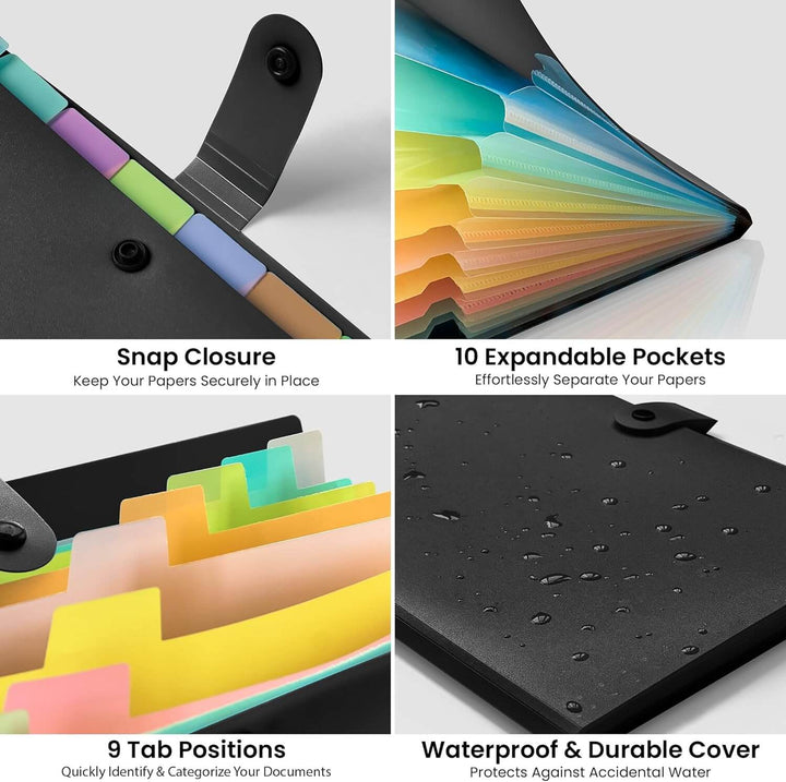 Black File Organiser with 10 Colorful Poly Pockets