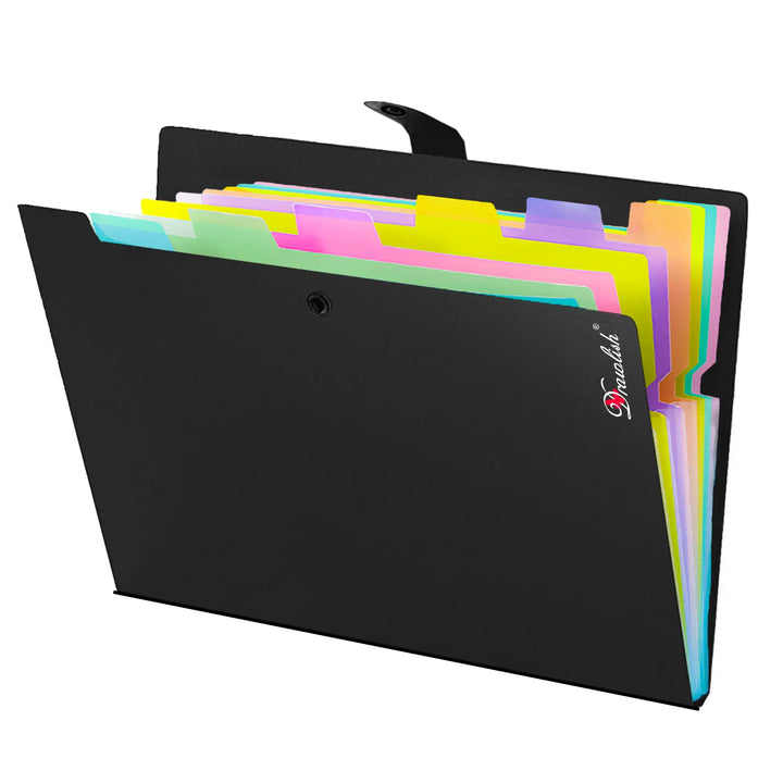 Black File Organiser with 10 Colorful Poly Pockets - Document Organiser A4 Folders for Paperwork